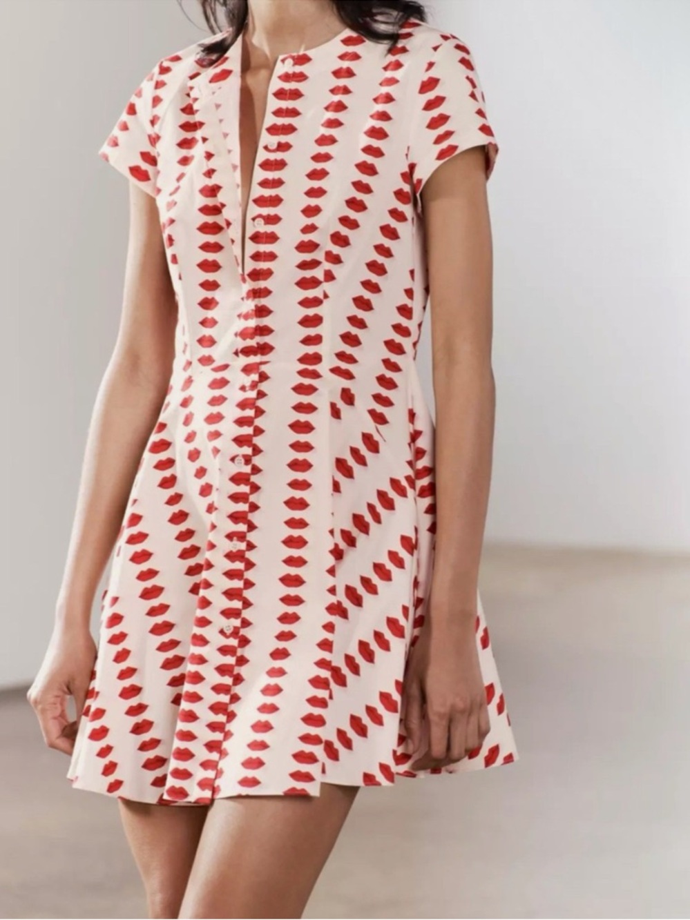 Zara Cream Mini Dress with Red Lip Print